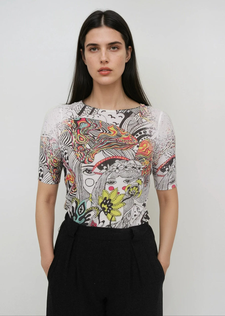Florence Double Sheer Short Sleeve Top - Prints