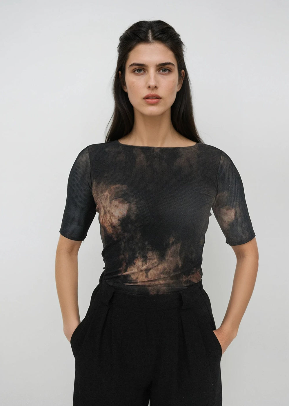 Florence Solid Double Sheer Short Sleeve Top in Velvet Dye Earth