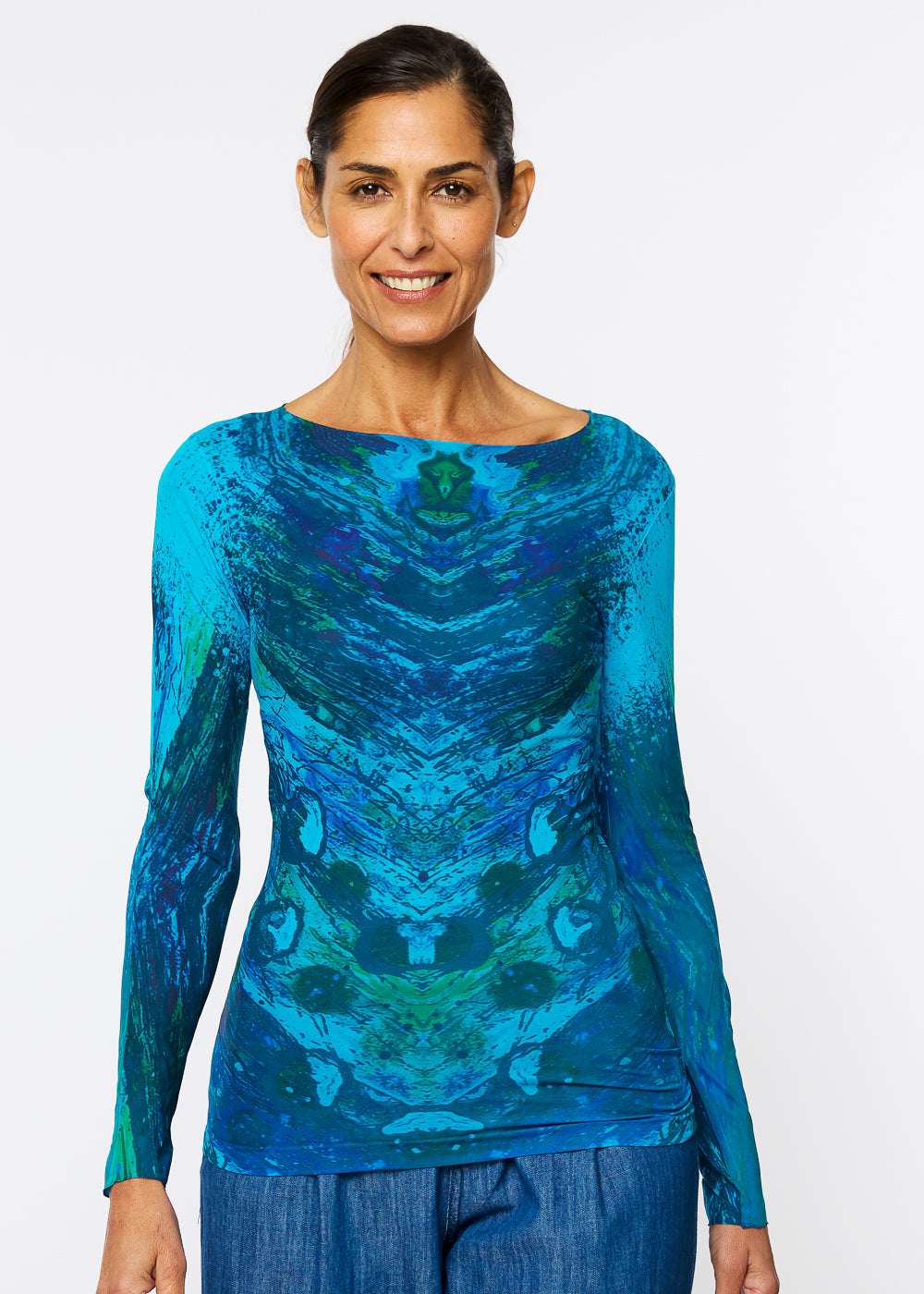 Peacock Plume Raw Edge Second Skin Top- In Stock